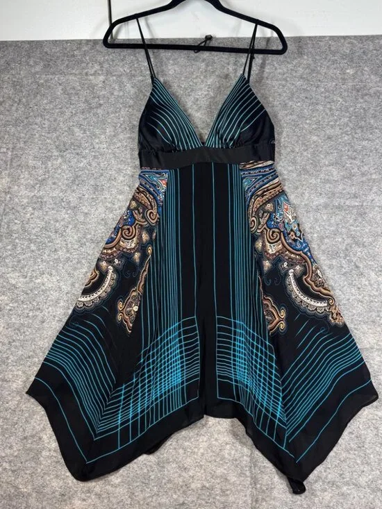 Y2K Vintage Silk Mini Dress Black Blue Paisley Halter Size P Boho Festival Chic - Picture 2 of 15